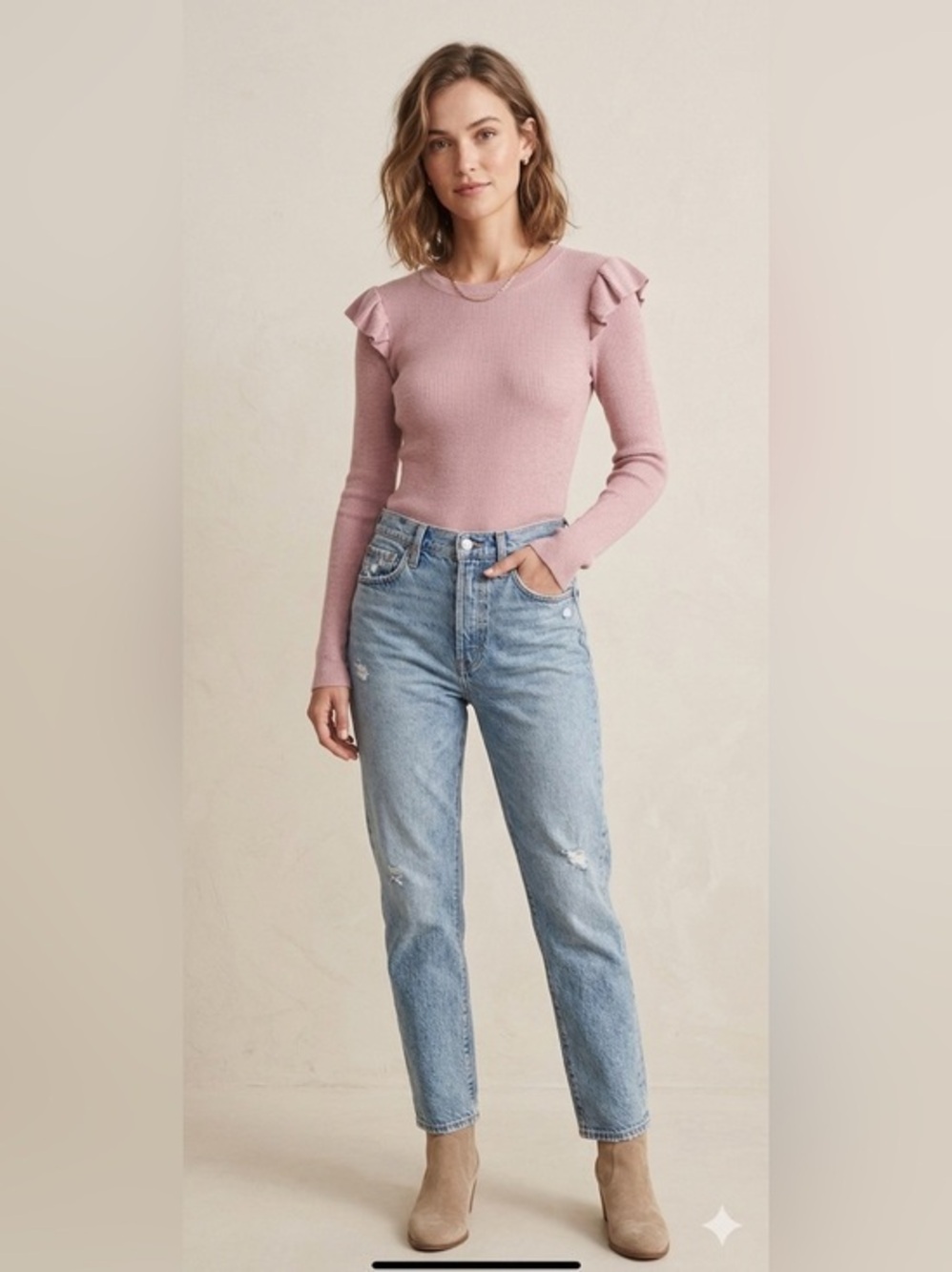 Madewell Women’s Large Pink Ruffle Sleeve Lightweight Rib Knit Sweater Top L